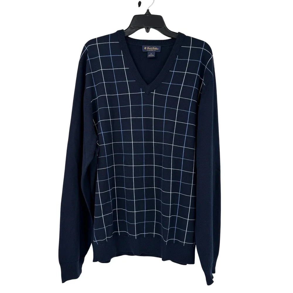 Brooks Brothers Mens XL Silk Cotton V-Neck Sweater Navy Blue Windowpane Check